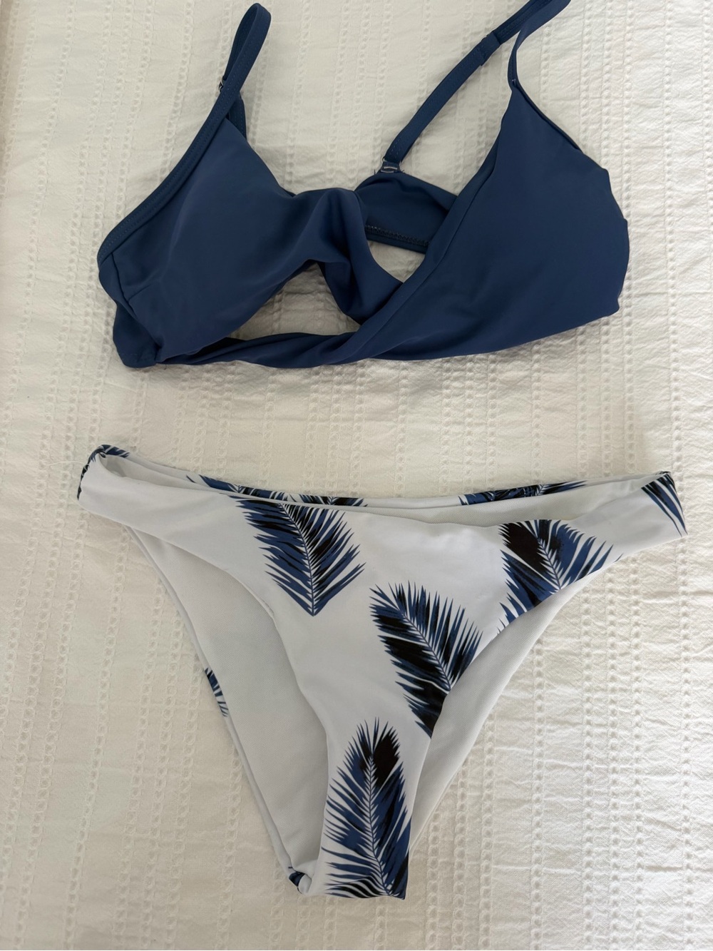 Navy Twist Front Bikini Top with Palm-Print Bottom - Women Swim